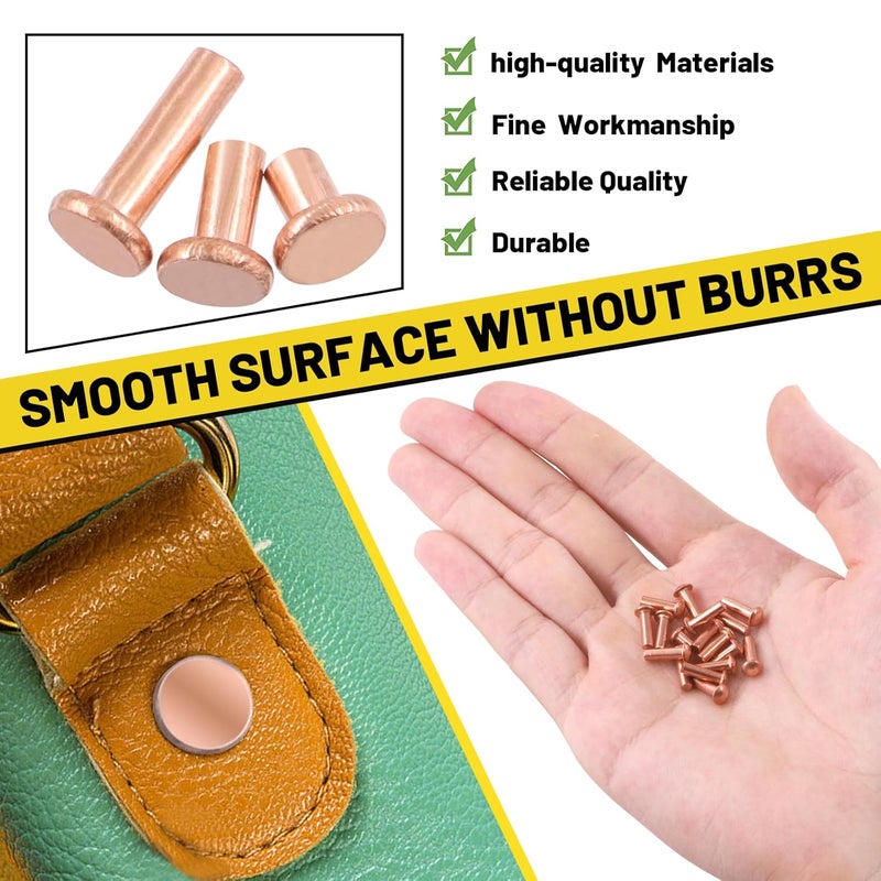 Mardatt 270Pcs Flat Head Copper Solid Rivets Kit, M2 M2.5 M3 Solid Copper Rivets Fasteners, Flat Head Rivets Solid Copper Rivets for Electrical Applications, Leather Working Supplies - Image 5